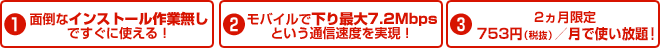 1.面倒なインストール作業無しですぐに使える！　2.モバイルで下り最大7.2Mbpsという通信速度を実現！　3.2ヵ月限定790円／月で使い放題！